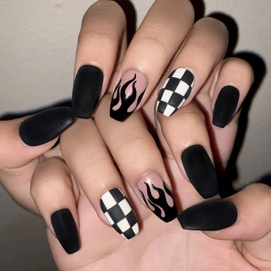 3D Черно-Белая Луна Звезда Наклейки Для Ногтей Шахматная Доска Улыбка Пламя Узоры