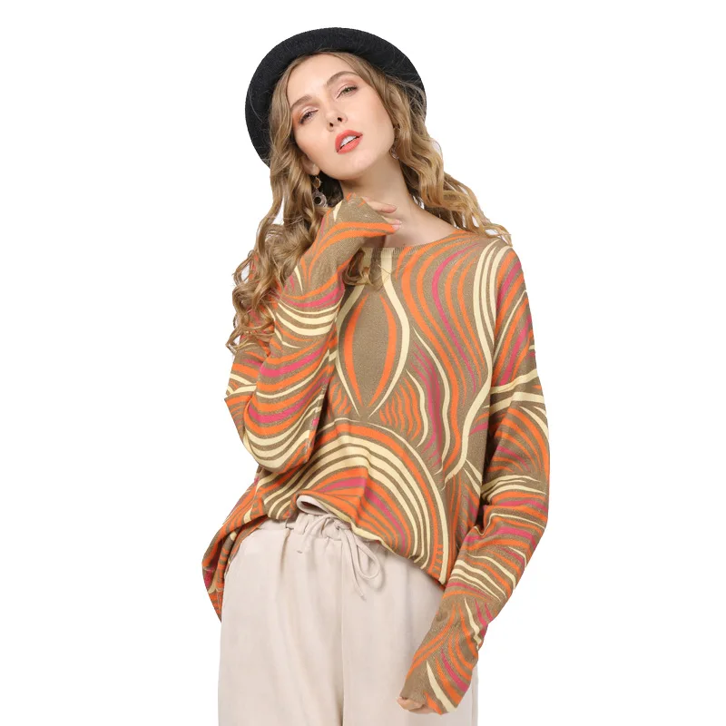 

Women Sweaters Autumn Spring Striped Printing Loose Plus Size Pullover Knitted Tops Casual Outerwear Pull Femme TA6322