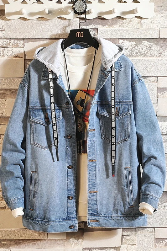 Осенняя мужская новая джинсовая куртка в японском стиле с вышивкой и капюшоном