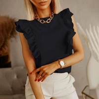 2021 fashion springsummer women blouse solid color comfortable ruffle sleeveless backless t shirt top for work sleeveless