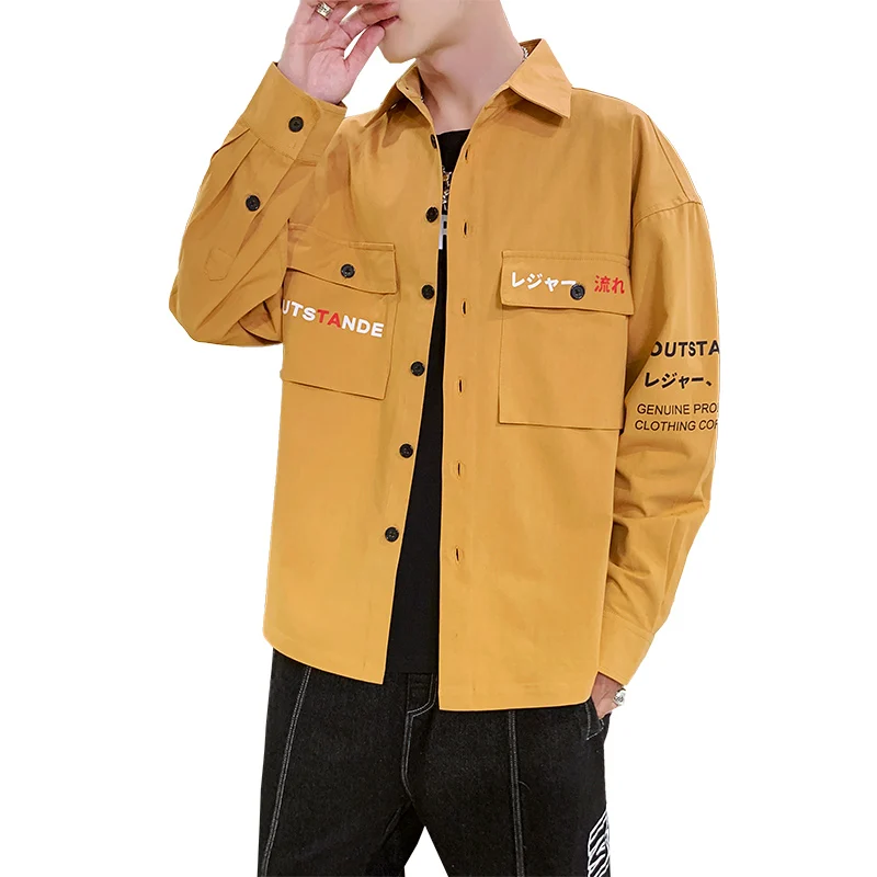 Мужская хлопковая рубашка Harajuku с длинным рукавом в стиле хип-хоп двумя карманами