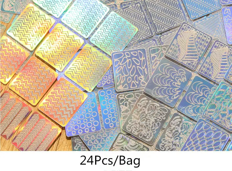 Kalvaro 12/24 Pcs/lot дизайн ногтей винилы полые Лазерная передача Стикеры трафарет 3D изображения Сделай Сам образец руководства Переводные картинки для ногтей фольги