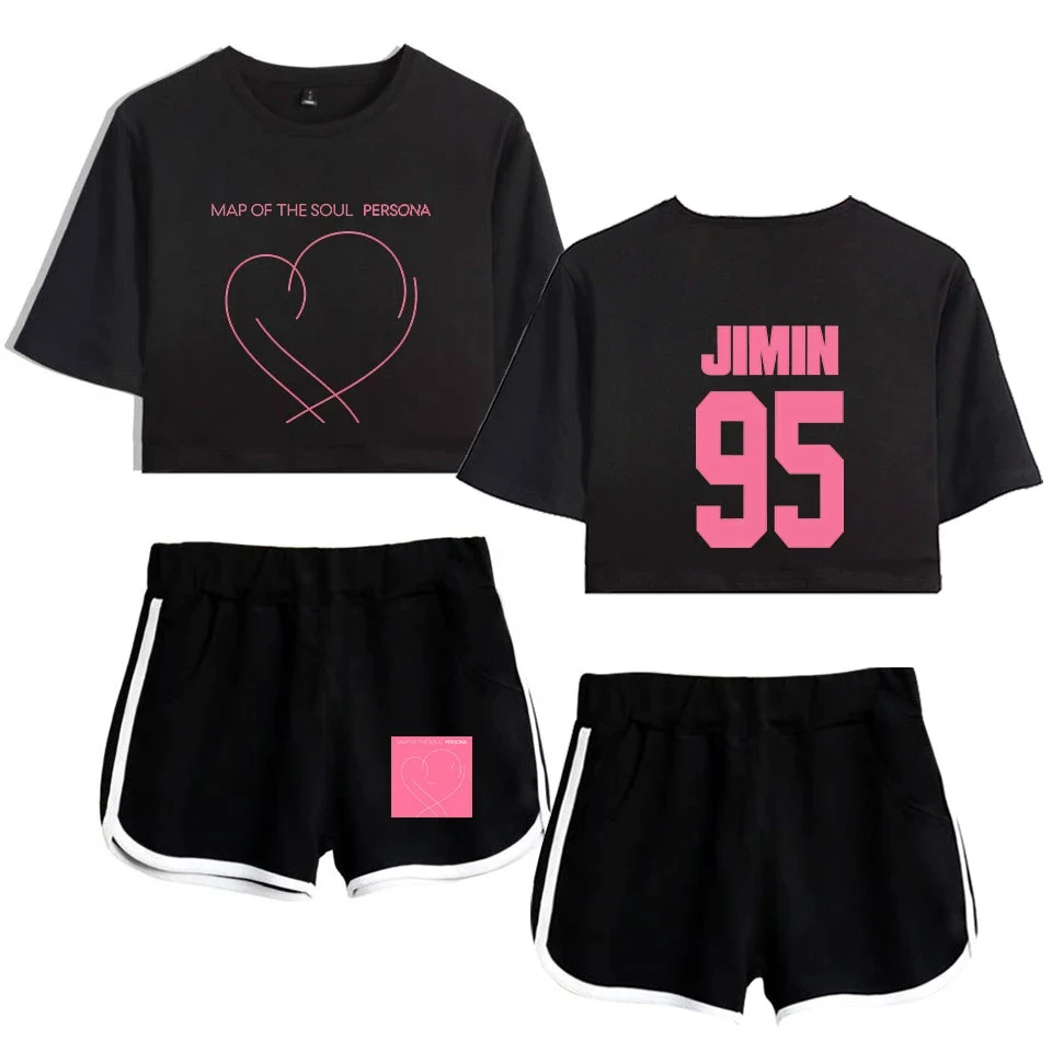 

Bangtan Boys Two Piece Set Album Map Of The Soul Persona Sexy Cotton T Shirt Woman Suit Shorts Crop Fashion Tops+Shorts Pants