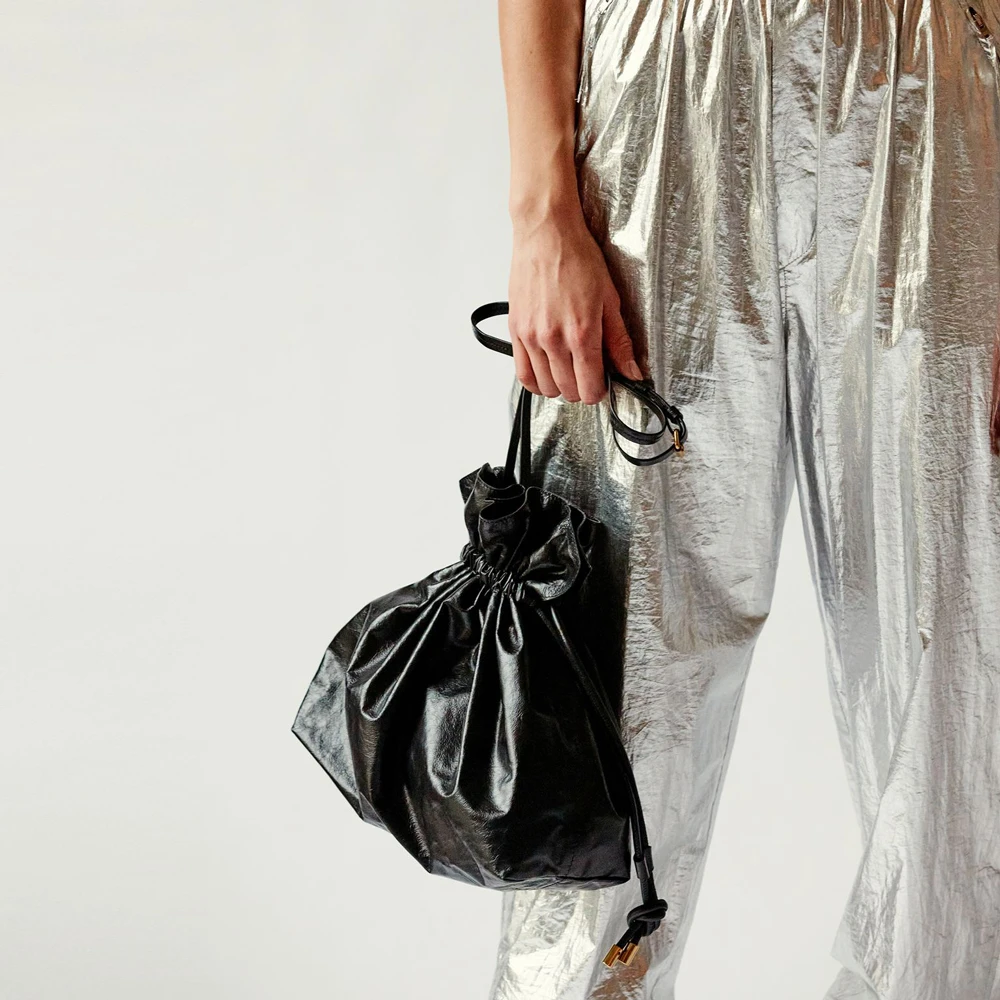 

Genuine Leather Women Drawstring Handbag Simple Shoulder Bags Imitation Paper Bag Backpack