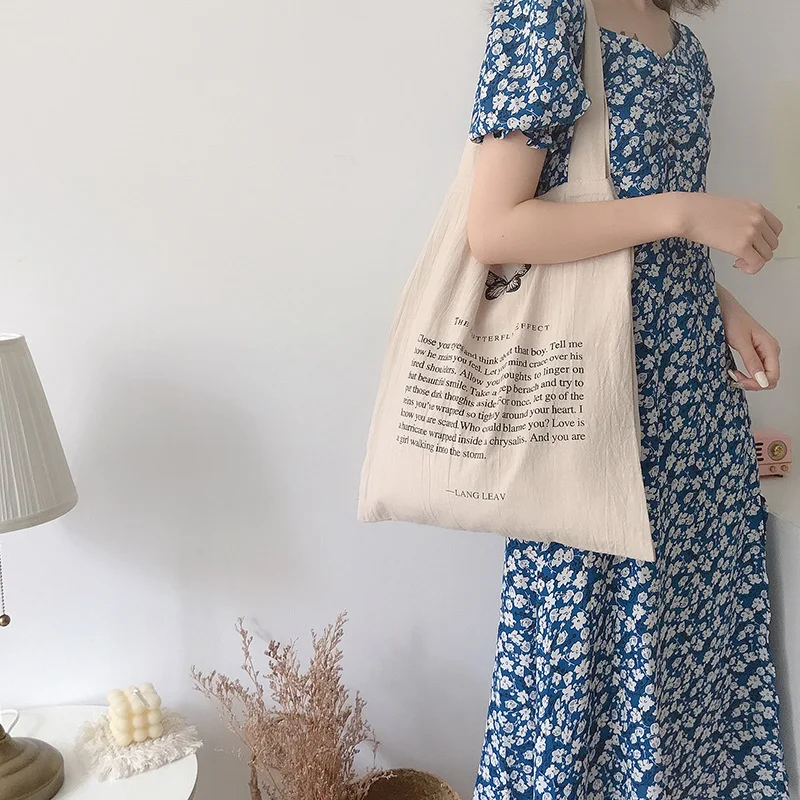 

Lightweight Cotton Linen Women Canvas Shoulder Bags Eco Shopping Bag Double Pockets Large Capacity Handbag Tote Butterfly Print