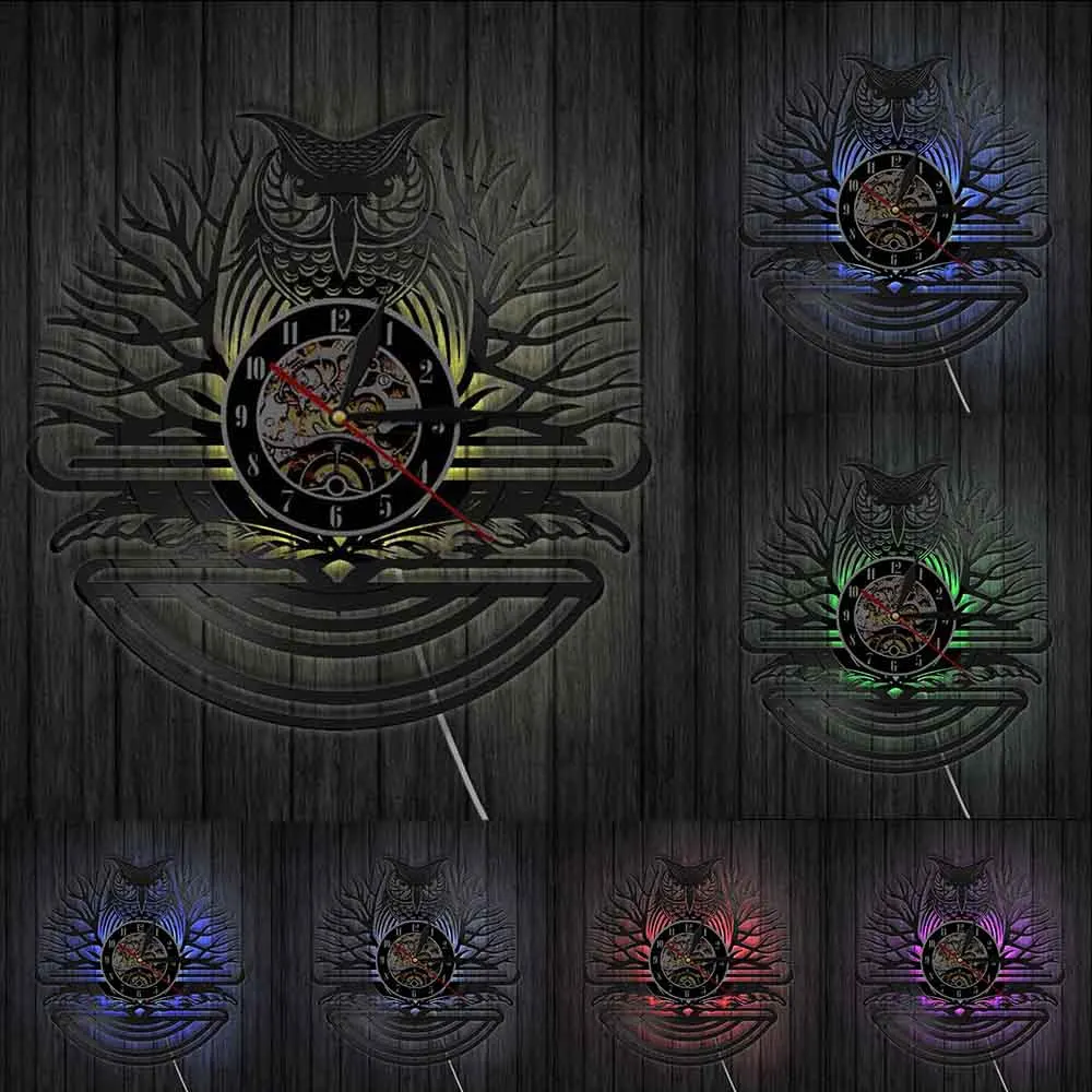 Сова настенные часы винтажные виниловые записи животные 3D для детской стены
