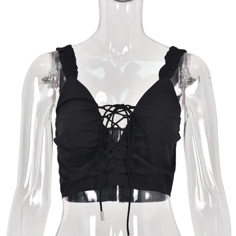 

Crop Tank Tops Sexy Sleeveless Ruffle Strap Vest WomenFashion Solid Color V Neck Criss-Cross Lace Up Tanks Lady Clubwear Casual