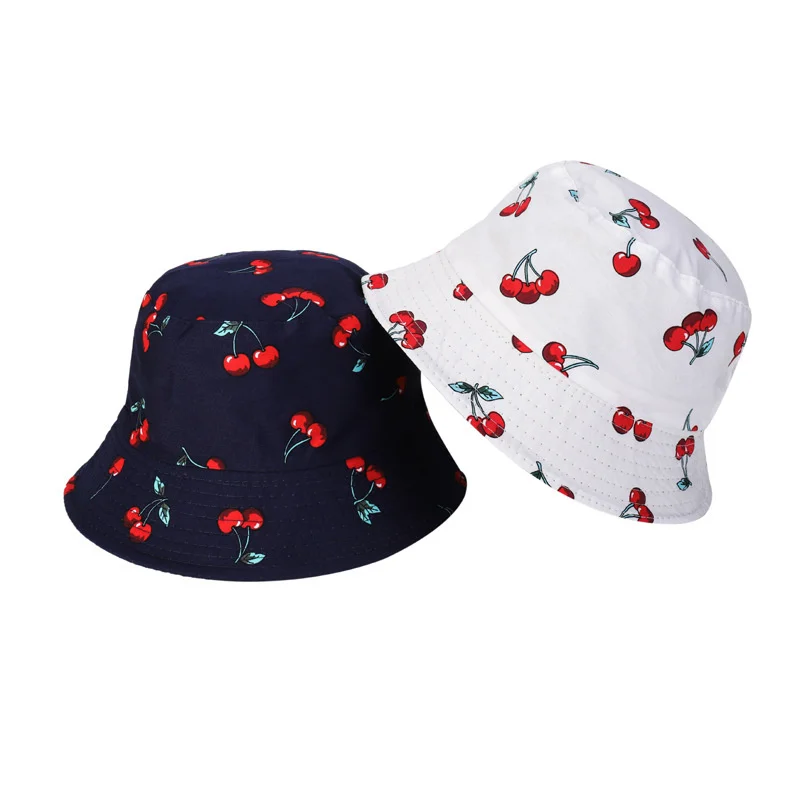 

Korean ins spring and summer Fisherman Hat Women's cotton breathable hat men's cherry printed double-sided basin hat