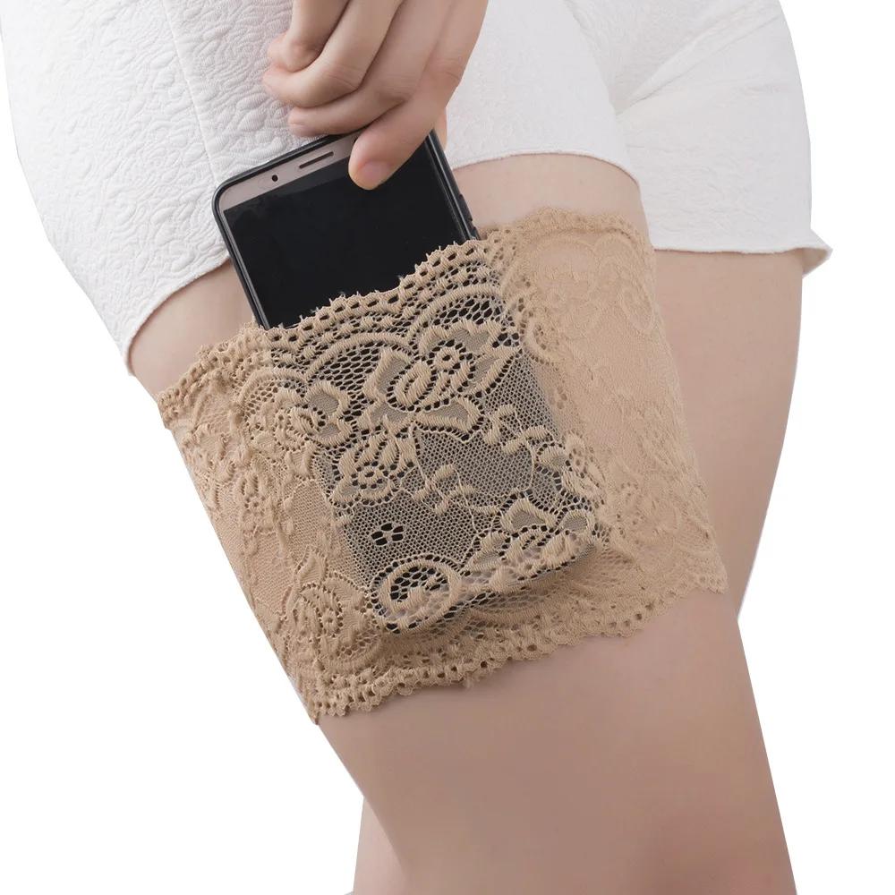 

sexy Leg Protection Woman Legs Warmers Anti Friction Phone Pocket Lace Flowers High Stretch Anti Chafing Thigh Stockings Belt