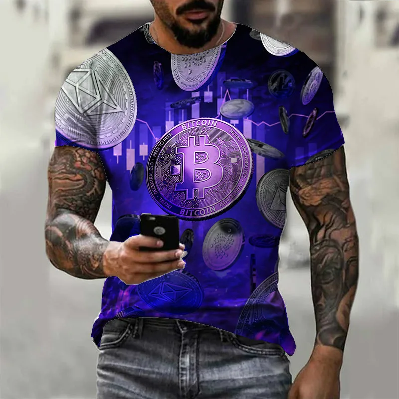 

Summer new loose short-sleeved sports men's 3d T-shirt round neck bitcoin printing casual breathable fitness T-shirt