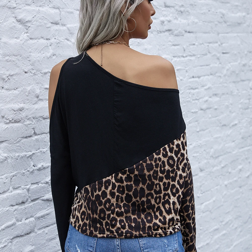 

Patchwork Leopard Print T Shirt Women 2021 Color Block Hollow Out Full Sleeve Skew Collar Ladies Spring Autumn Casual Loose Tops