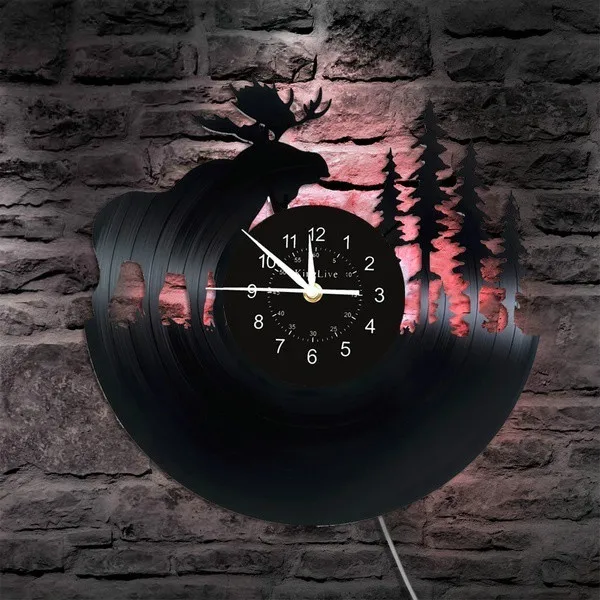 Настенные часы с оленем и лосями виниловые светодиодные Настенный декор
