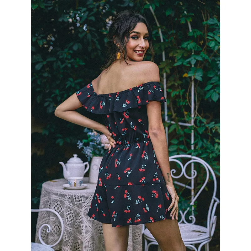 

Ladies Sleeveless Cherry Print Dress High Waist Elegant Off-the-shoulder Dress Short Prom Dress Party Ladies 2021 Spring New