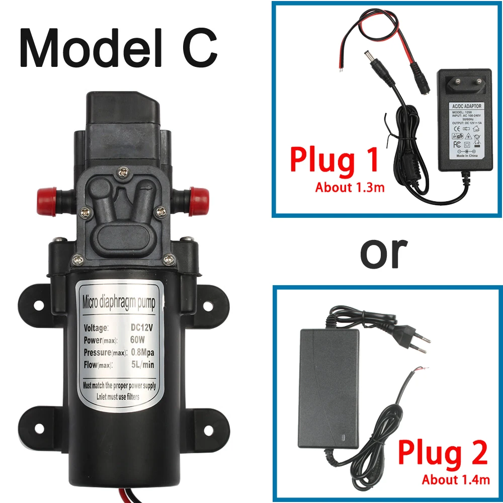 C and adaptor 60 Вт микро электрический мембранный Водяной насос 12 В DC Автоматический переключатель 5л/мин высокое давление Автомойка спрей вакуумный насос 0.8мпа 5л/мин - Напряжение: C and adaptor