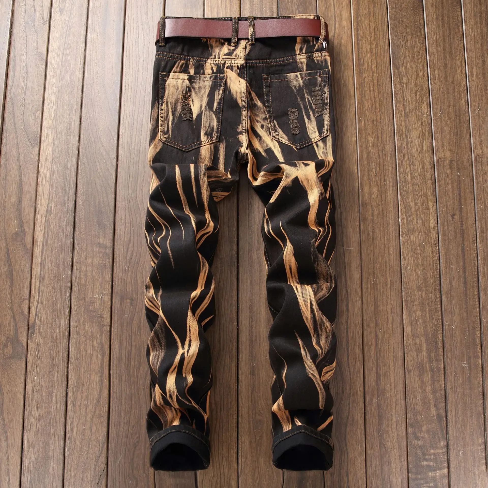 Washed Jeans Men's Personality Printed Skinny Jeans Mid Waist Stretch Straight Pants Vintage Denim Jeans for Men Streetwear