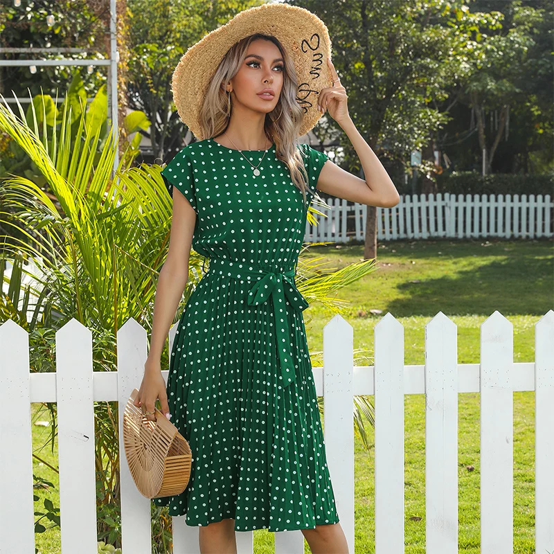

2021 New Summer Sleeveless Dress For Women Elegant Black Yellow Dot Lace A-Line Print Midi Ruched Dress Robe Boho Clothing