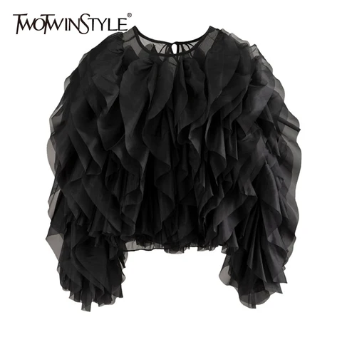 TWOTWINSTYLE Vintage Patchwork Ruffle Shirt For Women O Neck Lantern Long Sleeve Solid Elegant Blouse Female Fashion New Style