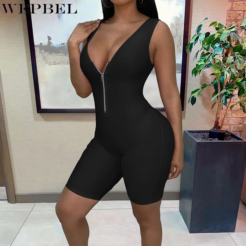 

WEPBEL Slim-Fit Solid Color Playsuits Women's Zipper Playsuits Sexy Sleeveless V-neck High Waist Backless Straight Playsuits