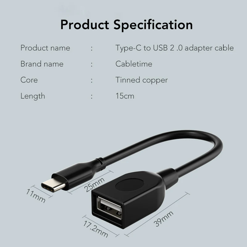 

CABLETIME OTG Adapter USB C to USB2.0 data Syncing Type C Converter for U-disk Laptop Smart USB devices OTG N418