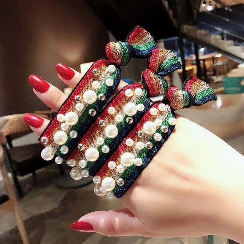 INS резинка для волос с жемчугом Радуга Vsco девушки отпуска stlye дизайнерские