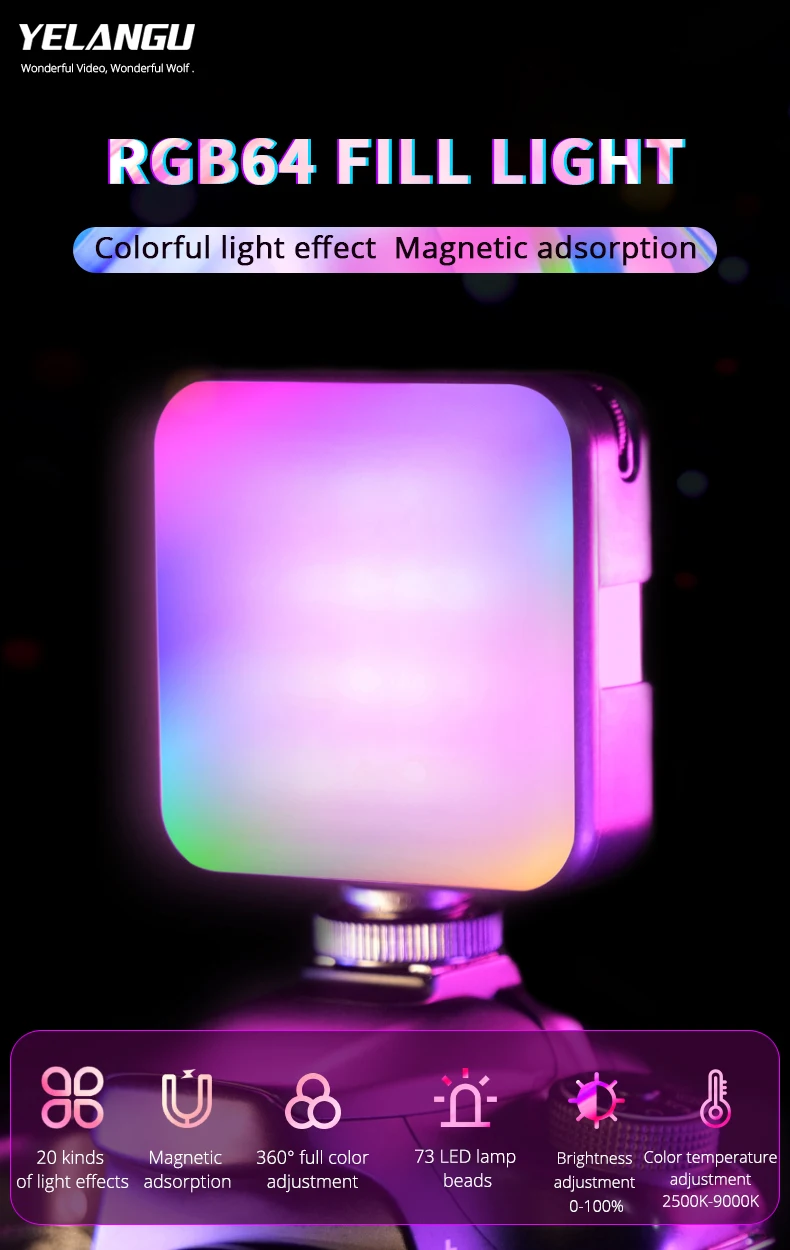 YELANGU RGB видео светильник мини светодиодная камера W64 6W CRI95 + Перезаряжаемая панель