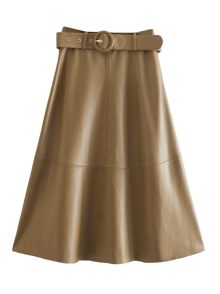 

2021 za Women fashion with belt faux leather cape skirt vintage high waist side zipper female skirts mujer