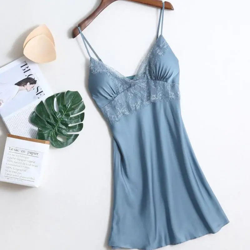 

Sexy Lady Sleepwear V-Neck Spaghetti Strap Nightwear Full Slip Lace Sleeveless Nightgown Summer Home Dressing Gown Loungewear