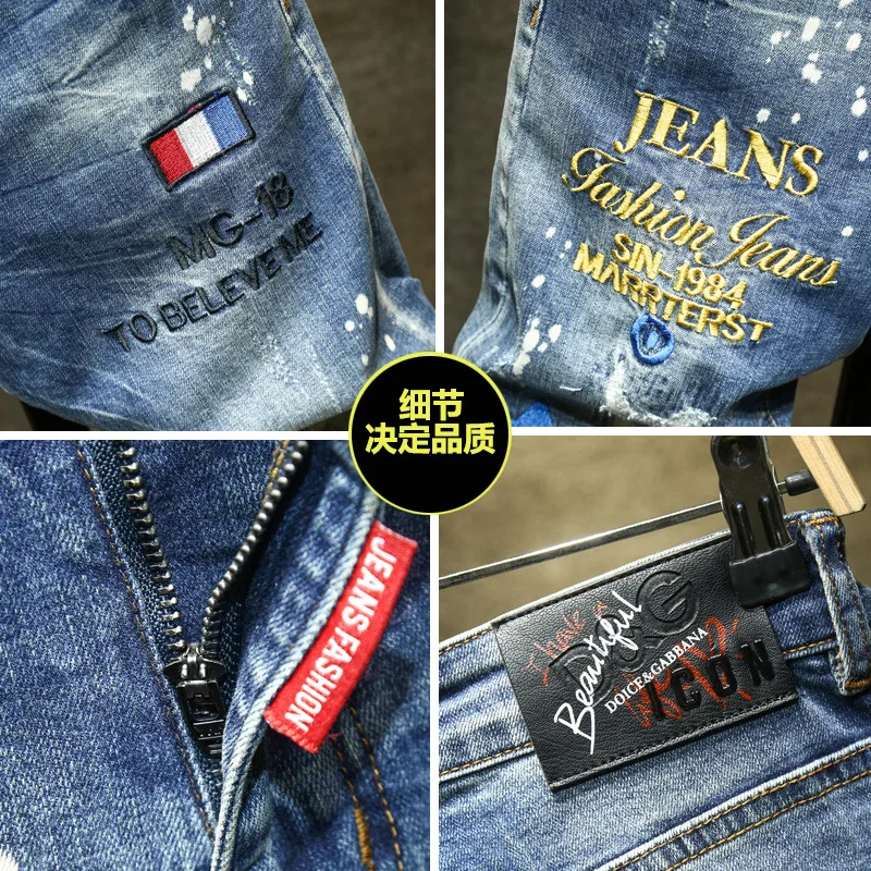 Men's Embroidered Ripped Motorcycle Jeans Light Blue Trendy Straight Slim Denim Trousers Male High Quality Casual Streetwear