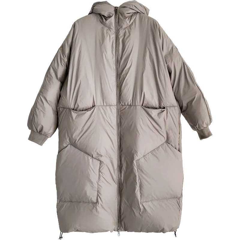 

90% big white duck down loose Korean style hooded zipper simple outline big pocket casual ladies thick down jacket Solid Winter