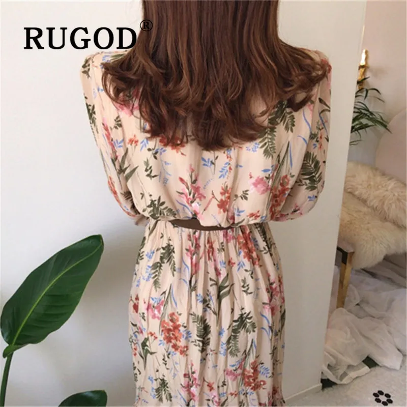 RUGOD Spring Boho Chic Retro Chiffon Korean Floral Maxi Dress Women Elegant Sweet Tops Casual Ladies Dresses Woman Party Night | Женская