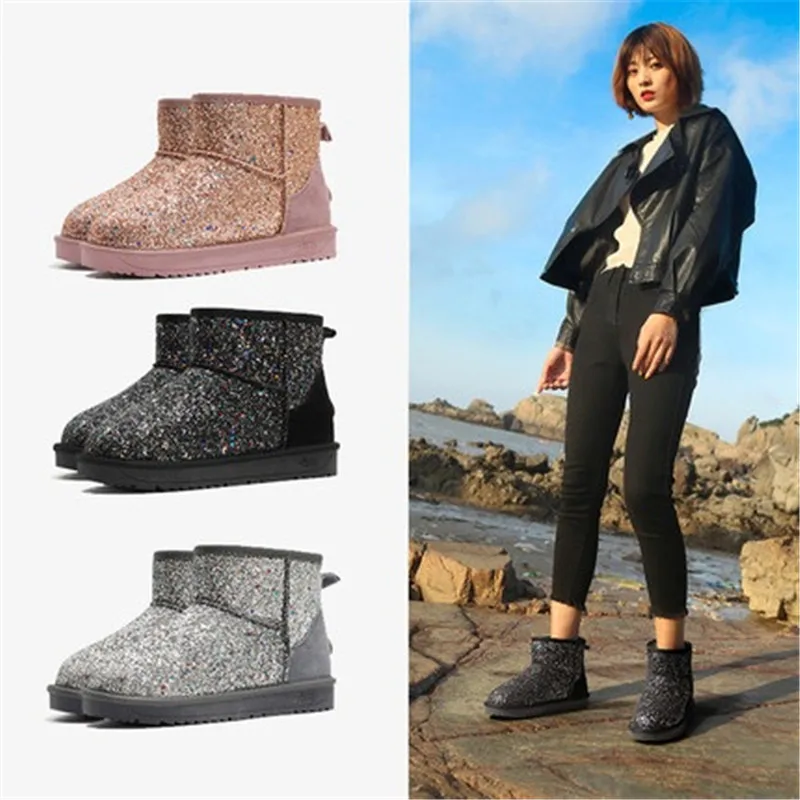 Зимние сапоги с блестками женские короткие студенческие водонепроницаемые