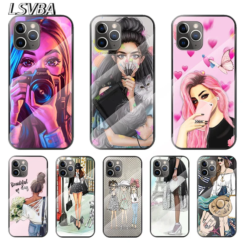 

Fashion Female Girl For Apple iPhone 12 11 8 7 6 6S XS XR SE X 2020 Pro Max Mini Plus Tempered Glass Cover Phone Case