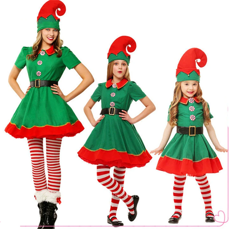 Women Girl One Piece Семейные комплекты с рождественским эльфом; платья для мамы и дочки; одежда для папы и сына; Рождественский костюм для взрослых; вечерние костюмы на год и Хэллоуин - Цвет: Women Girl One Piece