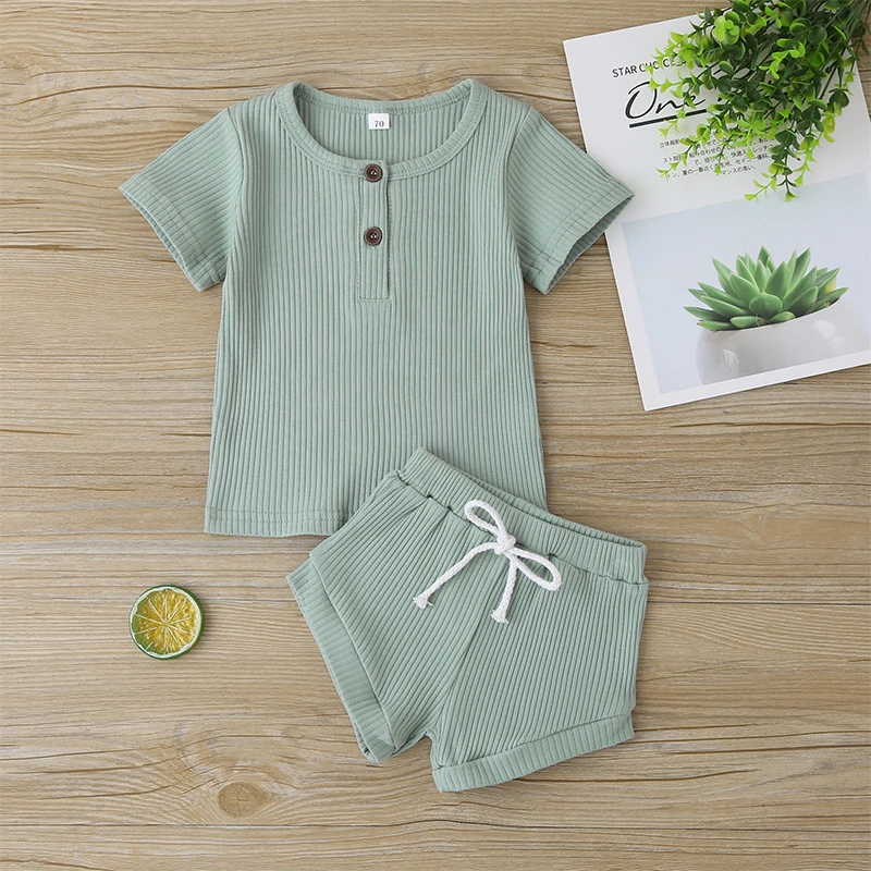 

New Fashion Girls Summer Clothes Set Solid Color Casual Children's Cotton Short Newborn Baby Sleeve T-shirt Beach Toddler Outfit