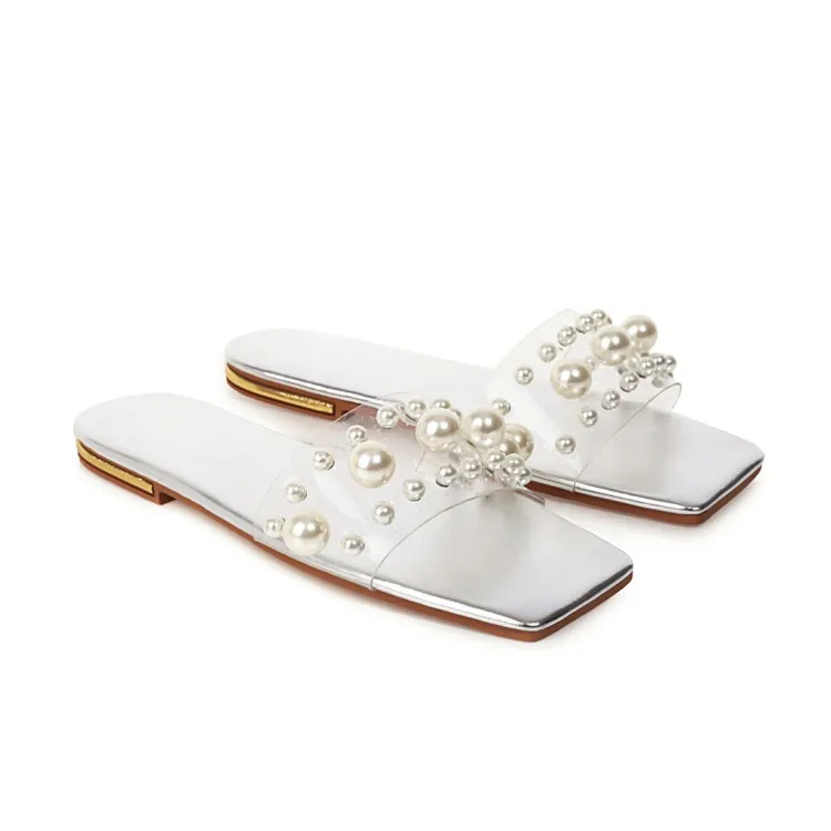 

Large flat heel sandal women's net red transparent one line sandal Pearl Beach slipper women's