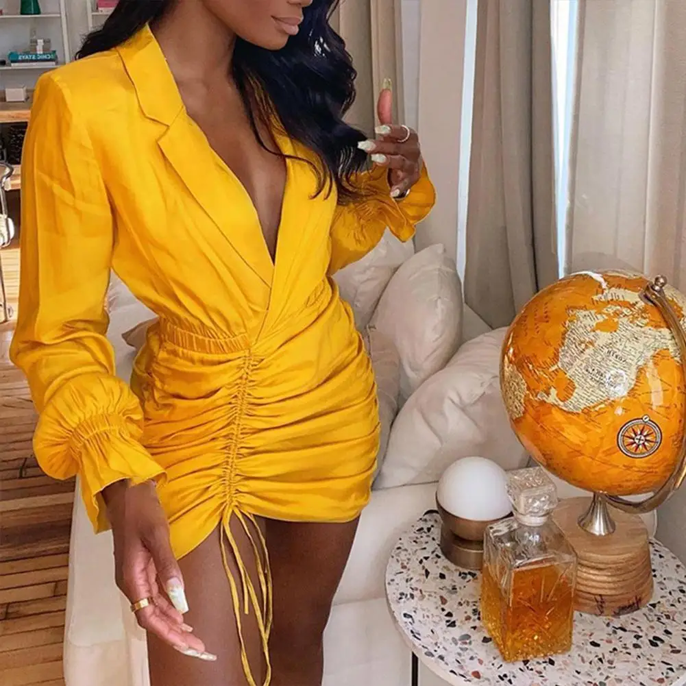 

Mini OL Dress Women Casual Sexy Long Puff Sleeve Shirt Dress Summer Solid Lapel Elegant Drawstring Vestidos Slim dress