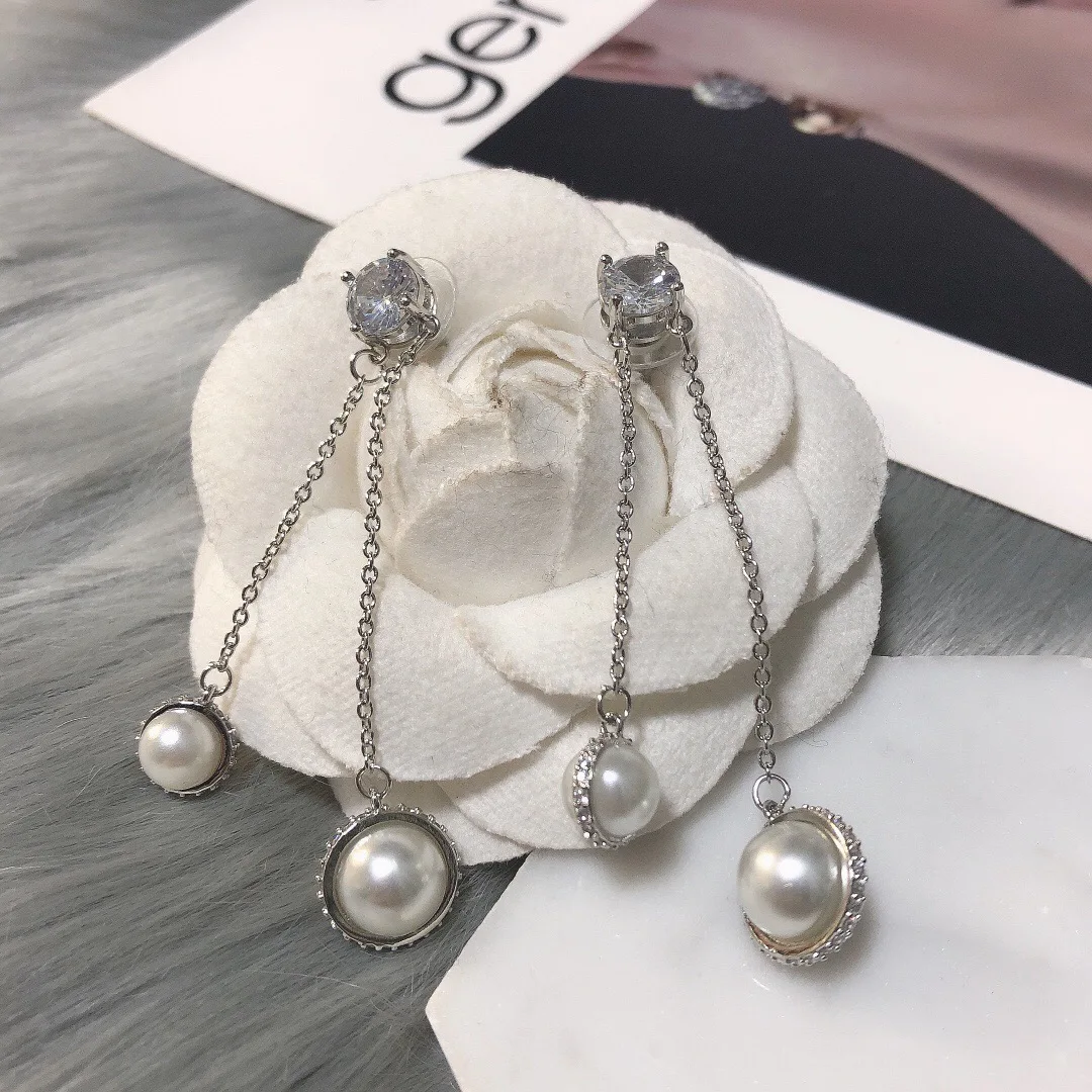 

Designer Original Brand M 925 Sterling Silver Crystal Pearl Long Tassel Dangle Stud Earrings Women Elegant Eardrop Jewelry Gift