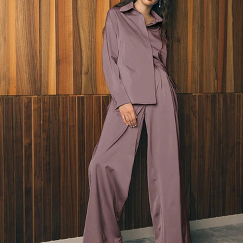 

2021 Women Loose Solid Home Two Piece Set Casual Turn-down Collar Shirt Ladies High Waist Wide Leg Pants Suits Autumn Winter