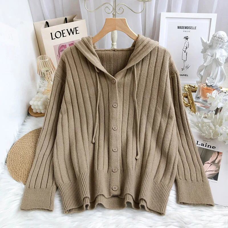

Hooded sweater jacket women 2021 new autumn and winter clothes Korean loose solid color knitted cardigan all-match