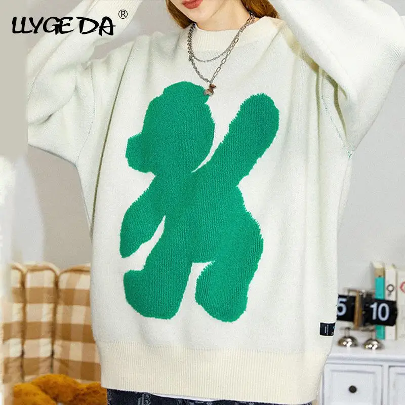 

Bear Women knitted Sweater Lazy Contrast Color Women's Jumper Pullover2021 Autumn Winter Fashion Ladies Street Knitwear Sweaters