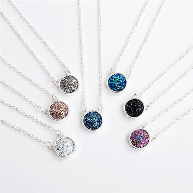 

Natural Stone Druzy Pendant Necklace Multi Color Round Blue White Crystal Silver Color Chain For Women Party Gifts Jewelry