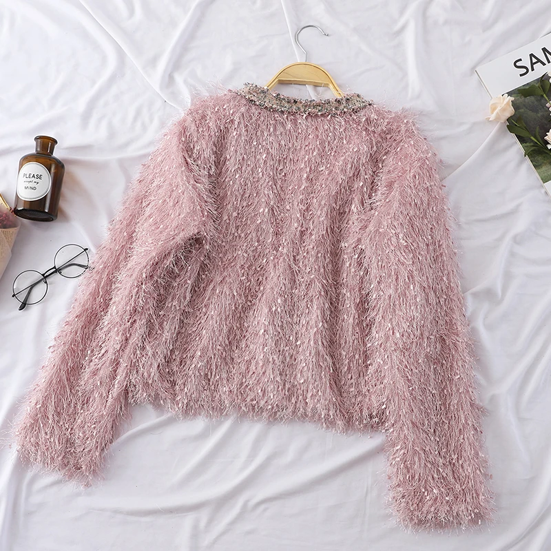 

Tassel V-neck Splice Slim Short Autumn Winter Jacket Women Long Sleeve Cardigan 2019 New Fashion Solid Color Pull