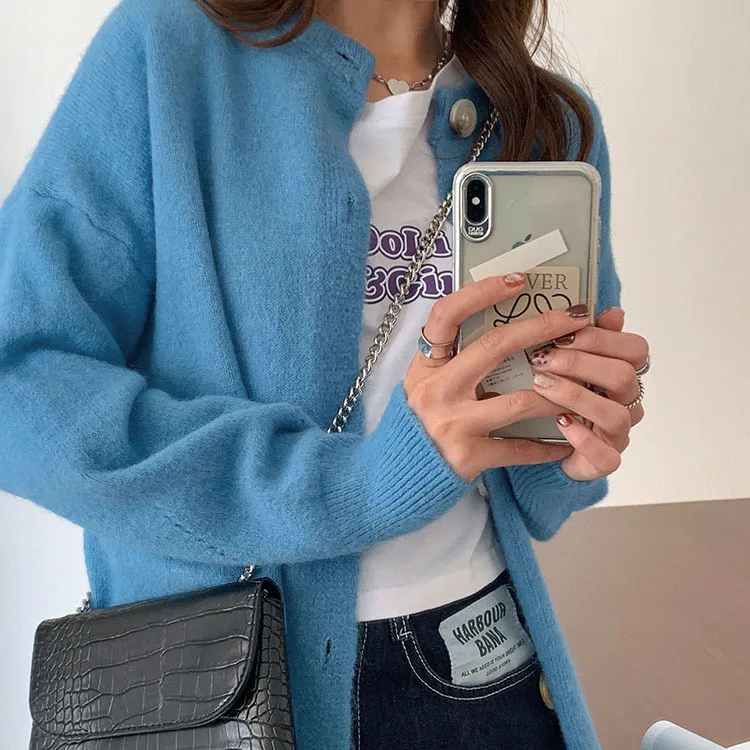 

Women Autumn O Neck Warn Cardigan Solid Color Cardigan Sweater Winter New Korean Short Loose Sweater Long Sleeve Knitted Jacket