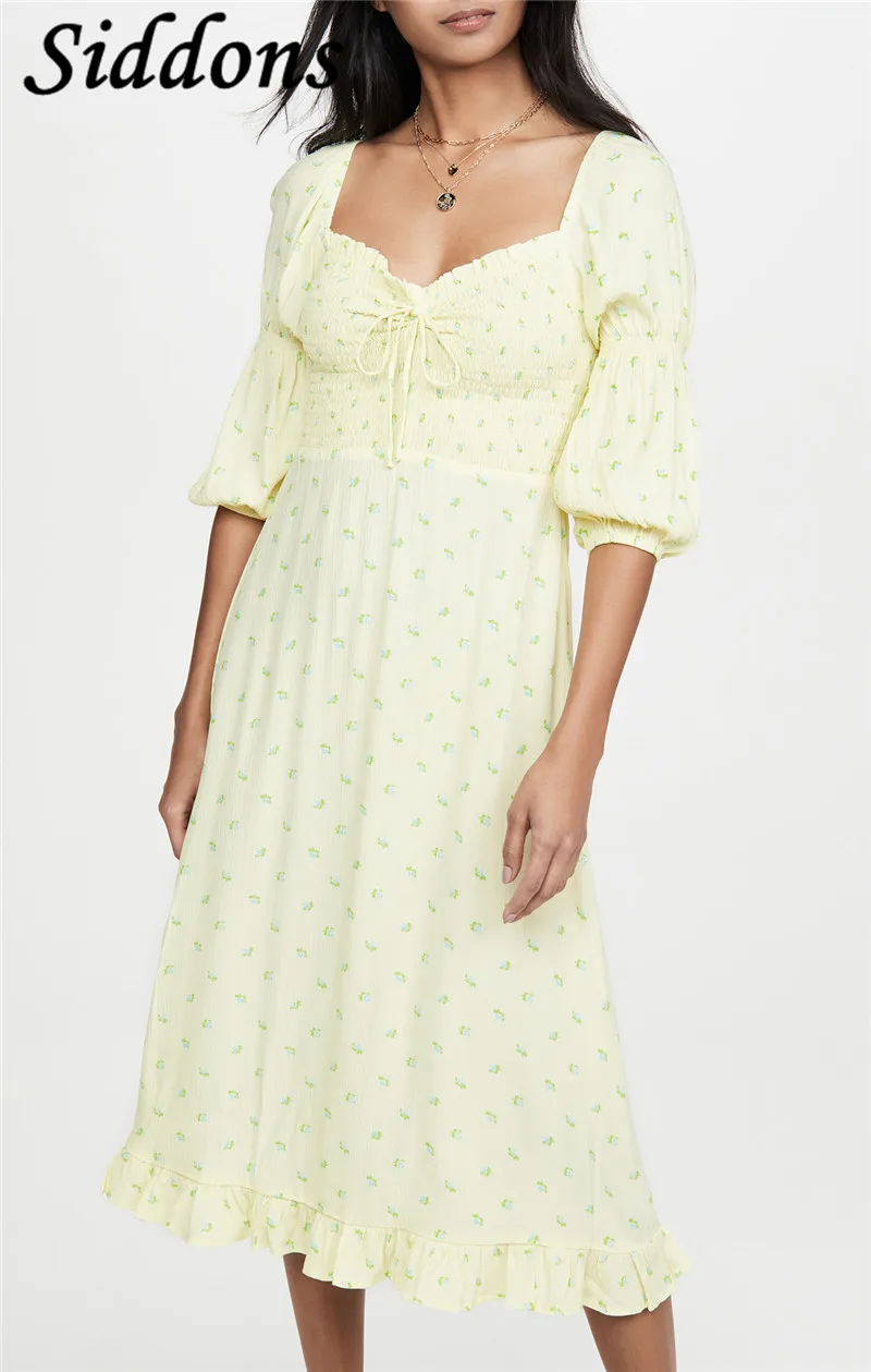 Повседневное женское платье с цветочным принтом квадратным вырезом и высокой