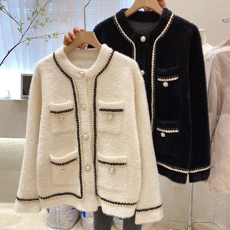 

Модное вязаное пальто, норковый кашемировый кардиган из искусственного меха, осенне-зимняя верхняя одежда, кардиган для женщин, свитер