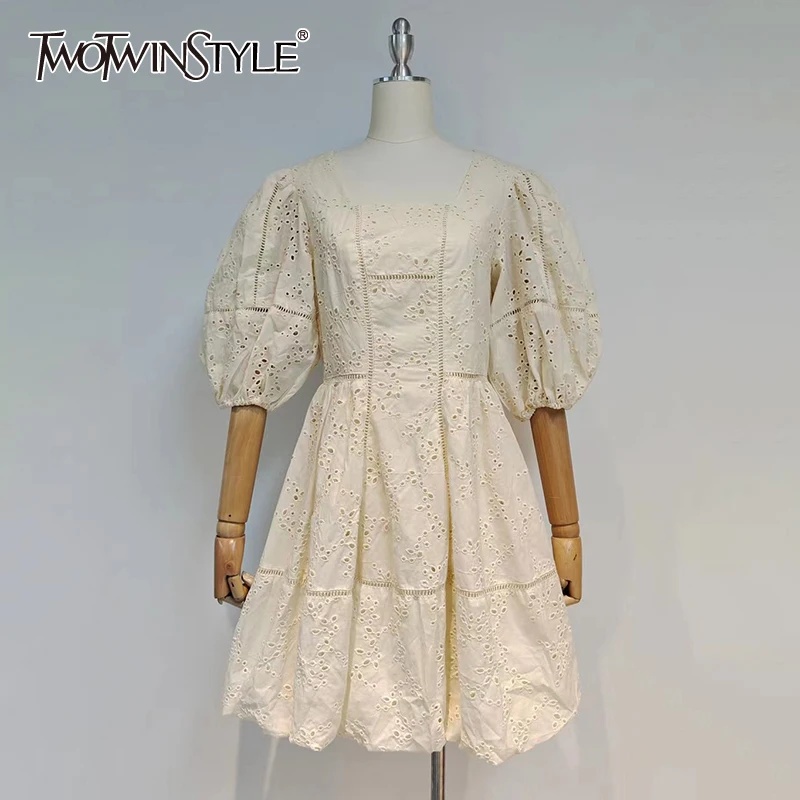 

TWOTWINSTYLE Hollow Out Vintage Dress For Women Square Collar Lantern Puff Sleeve Pleated Mini Dresses Female Summer 2021 Style