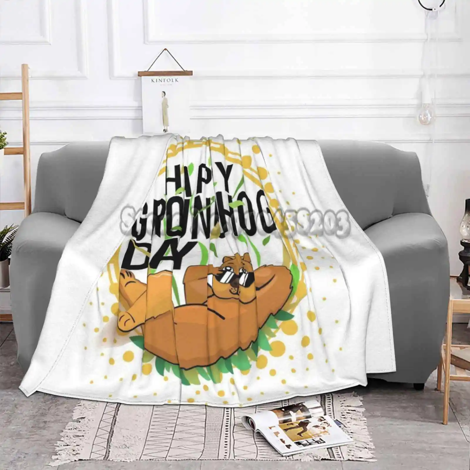 Happy Groundhog Day Design With Cute Lies On Leaves Hand Behind Head Other All Sizes Soft Cover Blanket Home | Дом и сад
