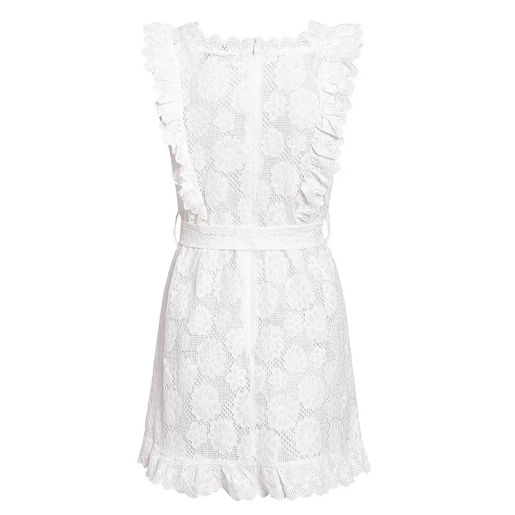 Платье женское кружевное с оборками элегантный белый Повседневный сарафан без