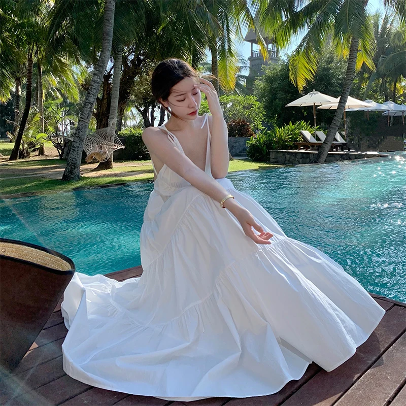 

2021 Beach Style White Slip Dress Fashion Lady Summer Vacation Vestidos Mujer Backless Belts Women Ankle Length Layered Skirt
