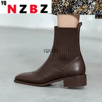 fashion short boots 2021 autumn square toe women ankle boots slip on thick square toe mid heels boots comfortable women boots